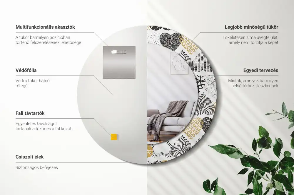 Specchio rotondo con cornice stampata Cuori in stile scarabocchio