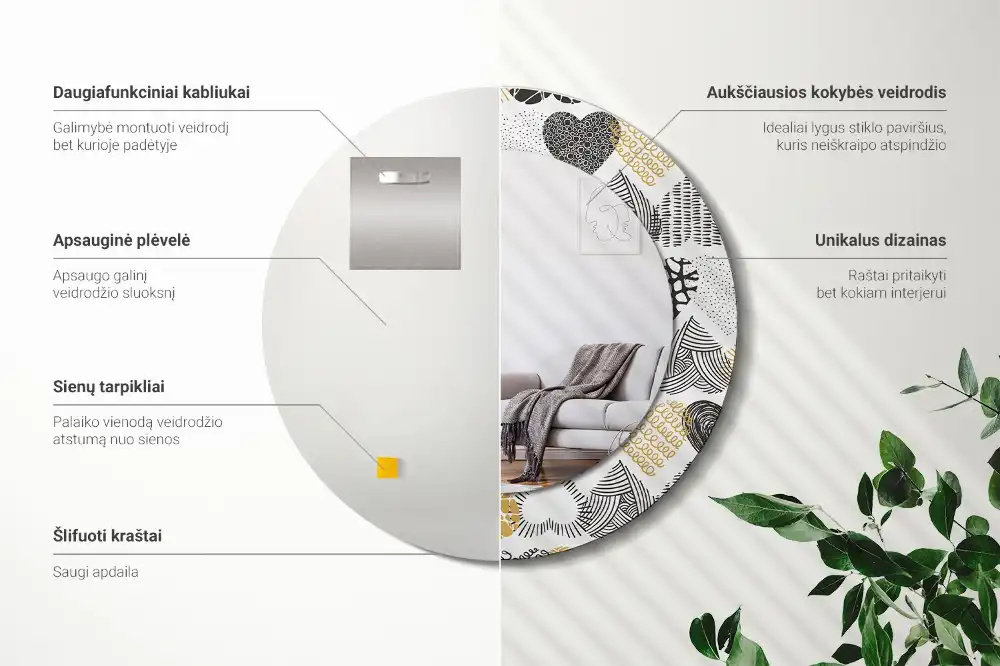 Specchio rotondo con cornice stampata Cuori in stile scarabocchio