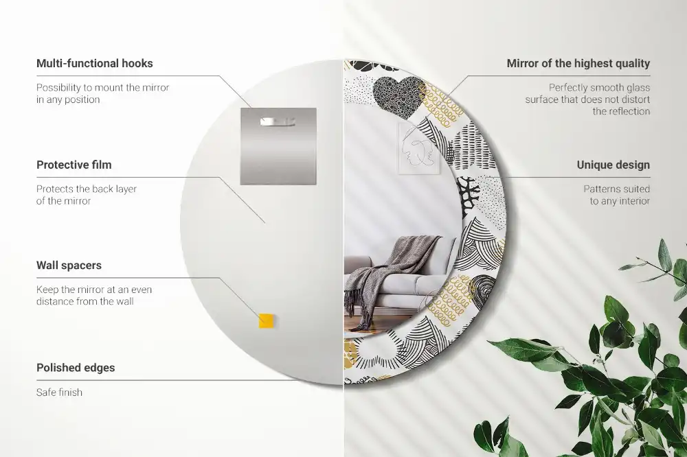 Specchio rotondo con cornice stampata Cuori in stile scarabocchio