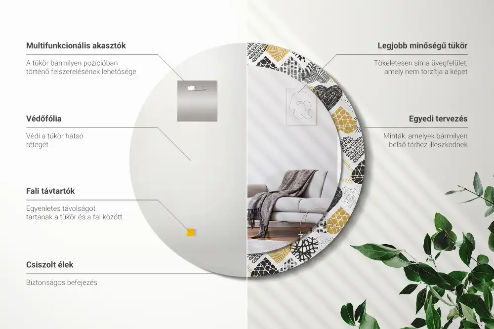 Specchio rotondo con cornice stampata Cuori in stile scarabocchio