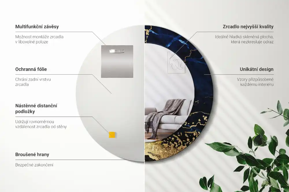 Specchio circolare stampato marmo blu