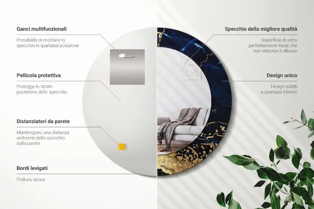 Specchio circolare stampato marmo blu