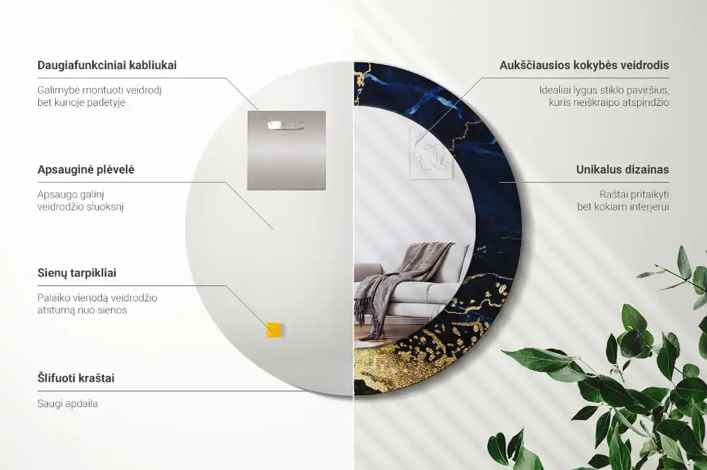 Specchio circolare stampato marmo blu