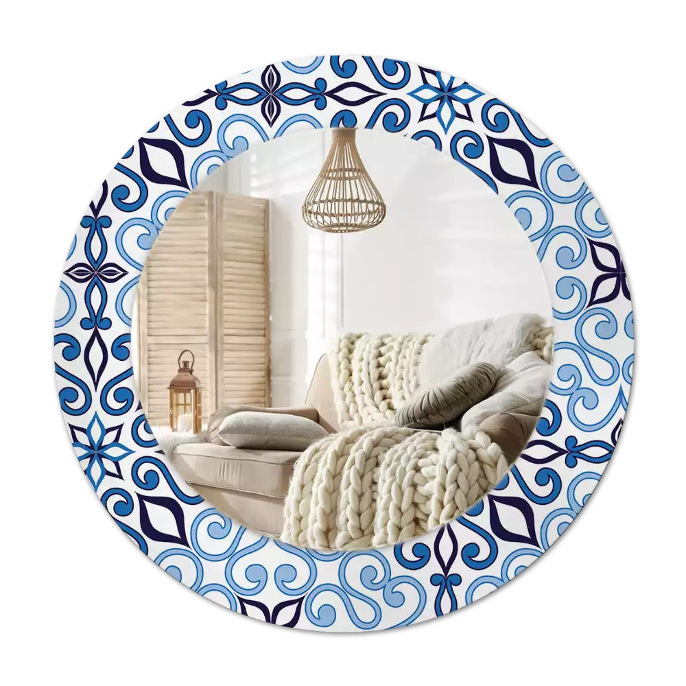 Specchio rotondo con cornice stampata Motivo arabo blu