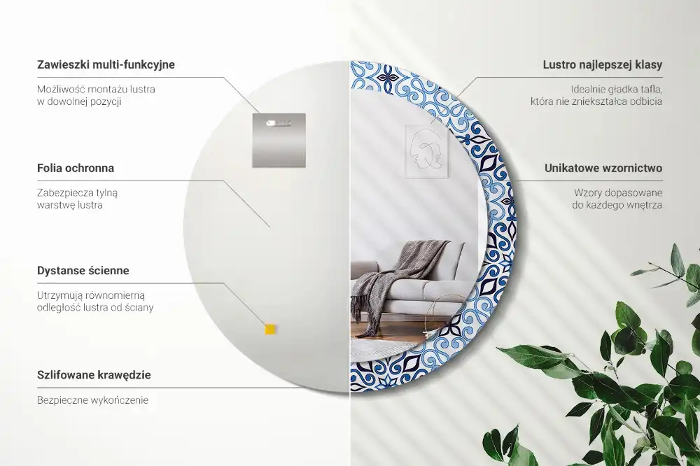 Specchio rotondo con cornice stampata Motivo arabo blu