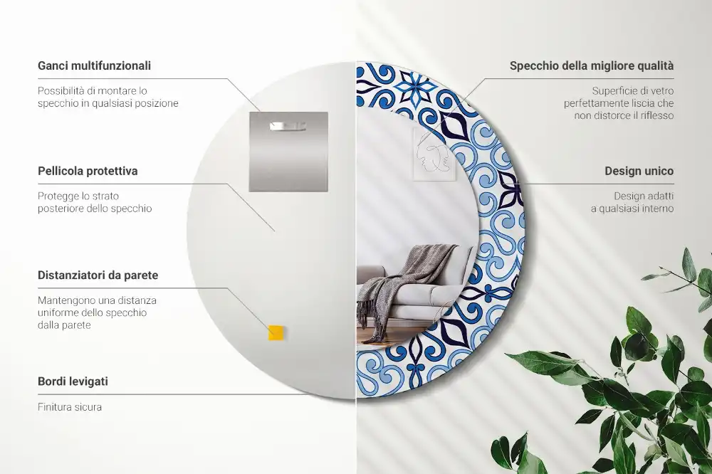 Specchio rotondo con cornice stampata Motivo arabo blu