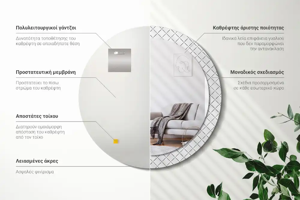 Specchio rotondo con cornice stampata Linee incrociate