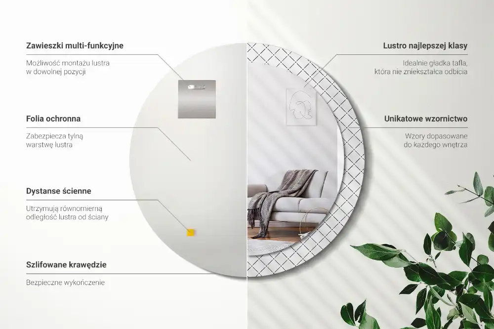 Specchio rotondo con cornice stampata Linee incrociate
