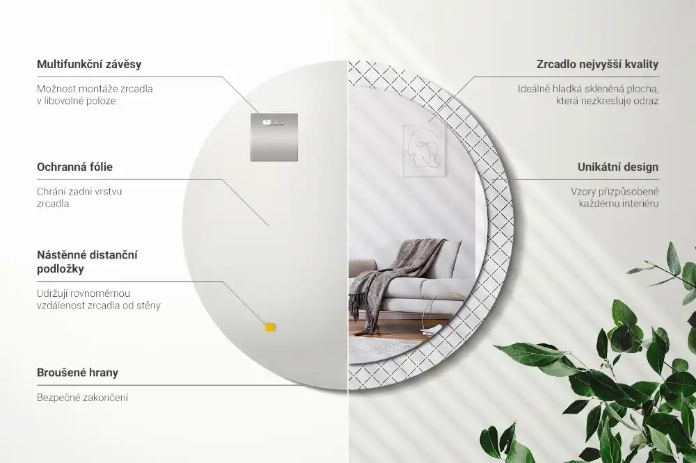 Specchio rotondo con cornice stampata Linee incrociate