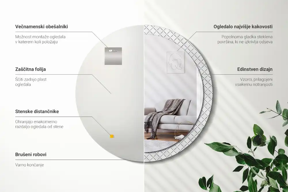 Specchio rotondo con cornice stampata Linee incrociate
