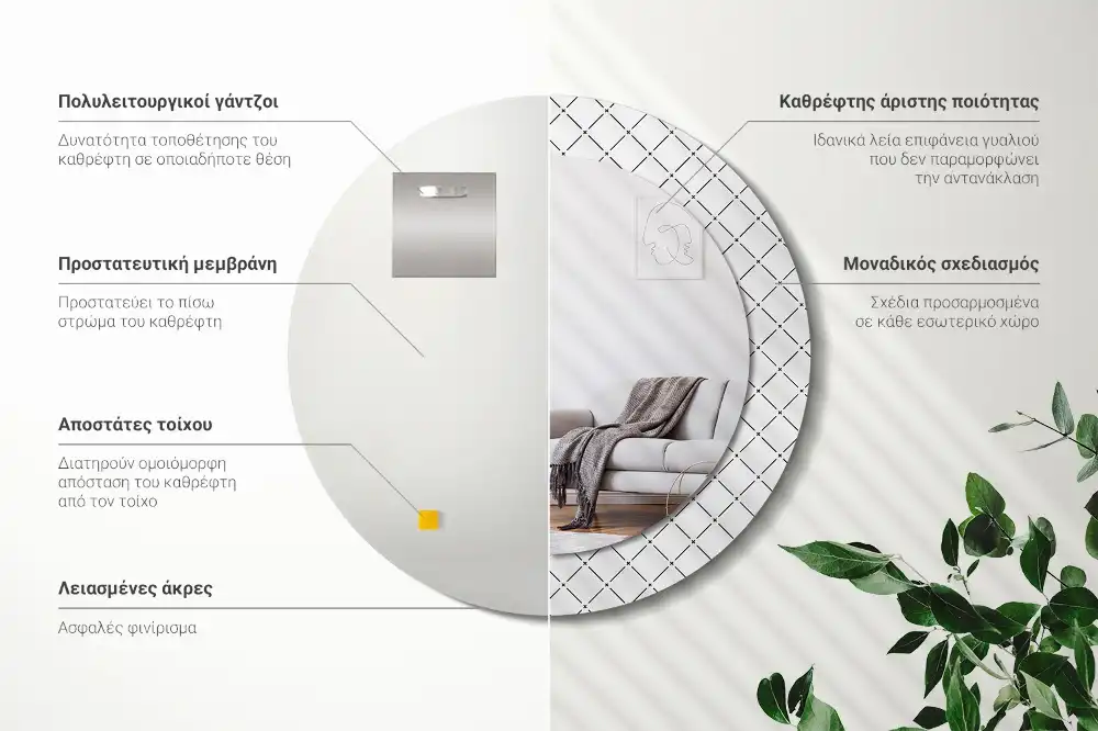 Specchio rotondo con cornice stampata Linee incrociate