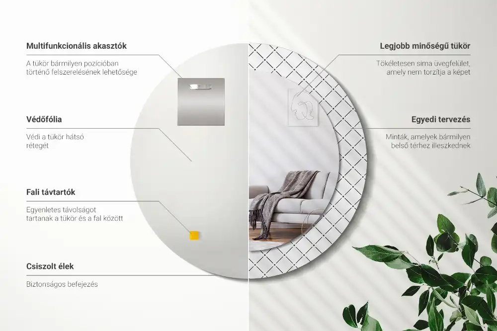 Specchio rotondo con cornice stampata Linee incrociate