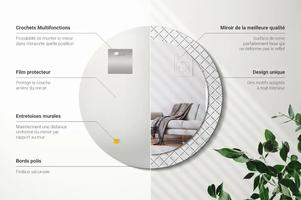 Specchio rotondo con cornice stampata Linee incrociate