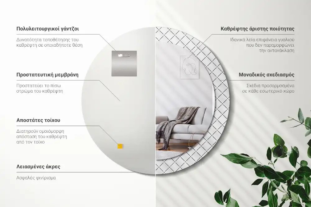 Specchio rotondo con cornice stampata Linee incrociate