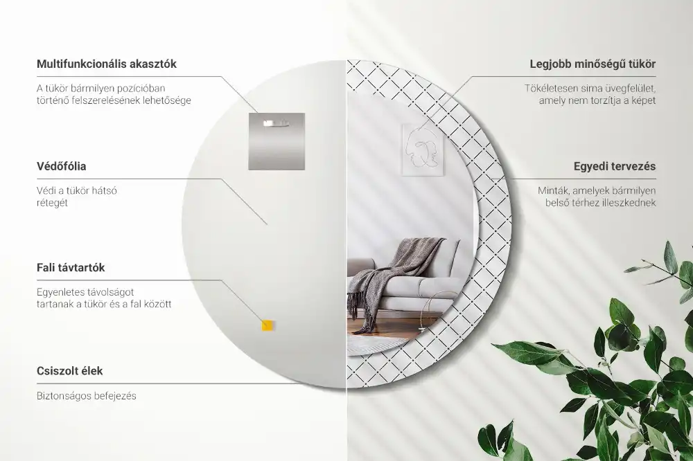 Specchio rotondo con cornice stampata Linee incrociate