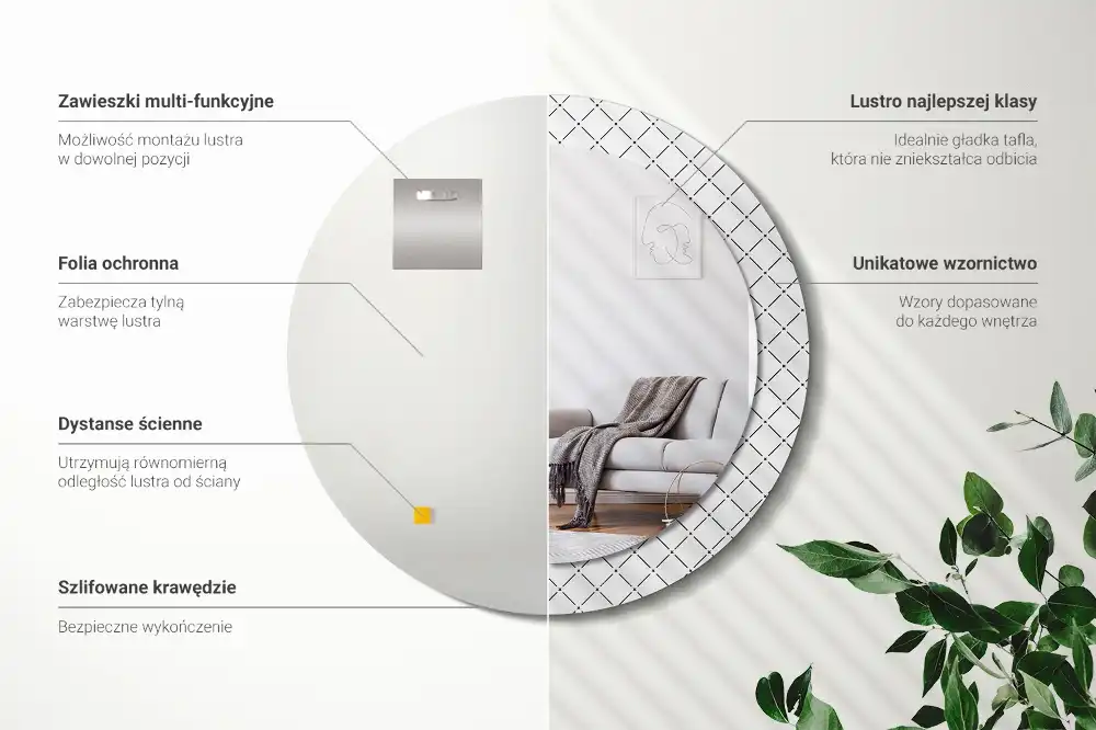 Specchio rotondo con cornice stampata Linee incrociate