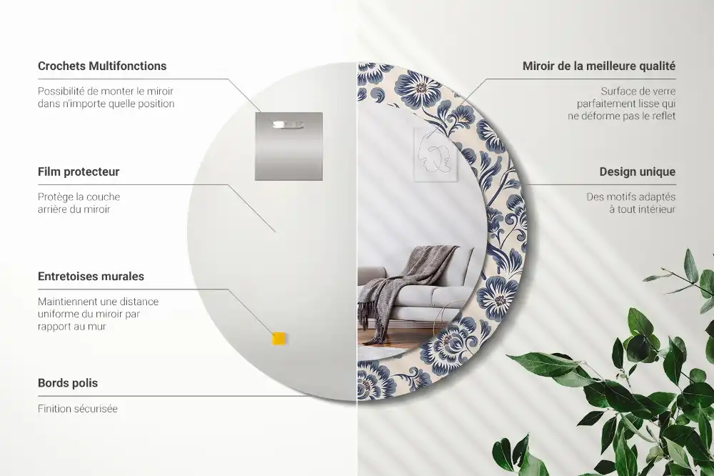 Specchio rotondo con cornice stampata Motivo floreale