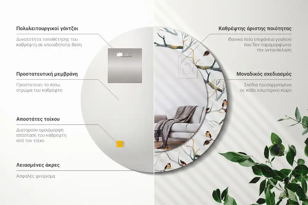 Specchio circolare decoro Rami di passeri uccelli