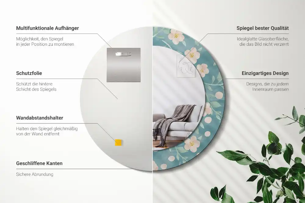 Specchio rotondo con cornice stampata Motivo floreale