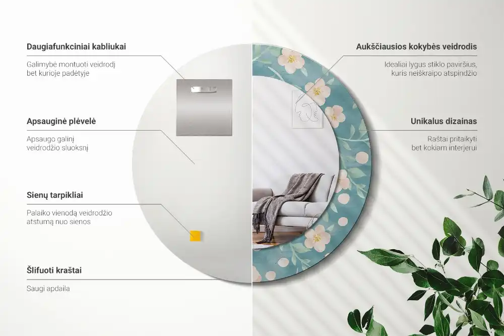 Specchio rotondo con cornice stampata Motivo floreale