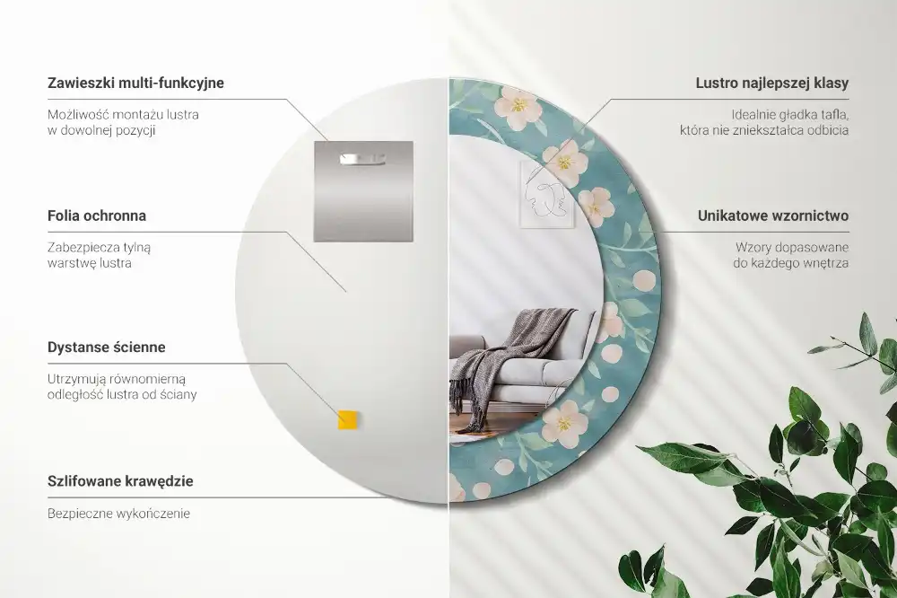 Specchio rotondo con cornice stampata Motivo floreale