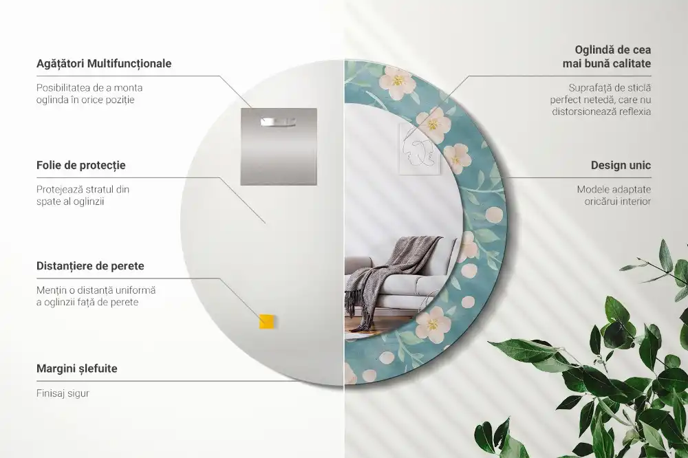 Specchio rotondo con cornice stampata Motivo floreale