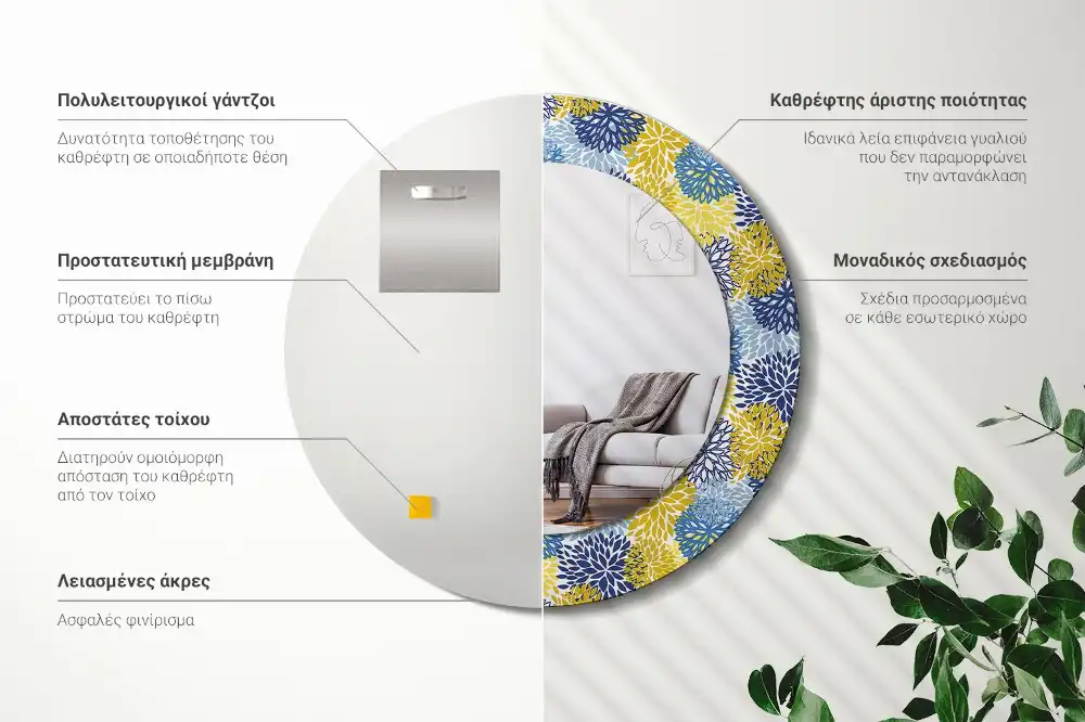 Specchio circolare decoro Fiori blu