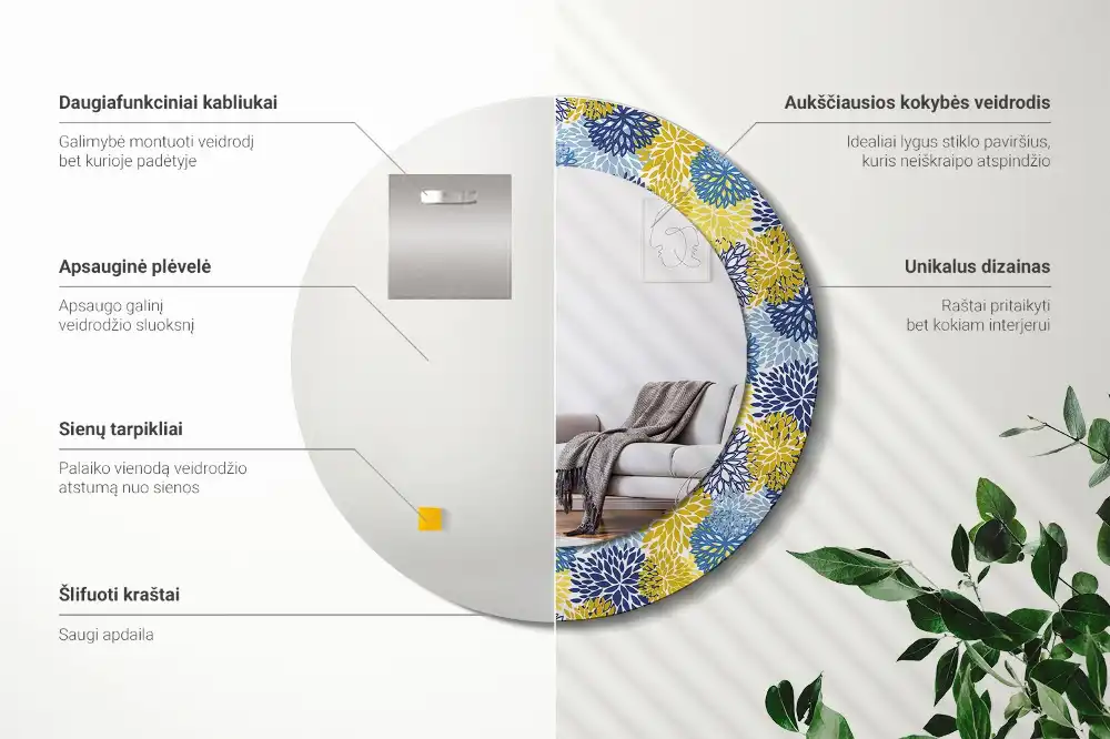 Specchio circolare decoro Fiori blu