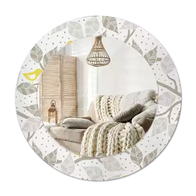 Specchio rotondo con cornice stampata Uccelli gialli sui rami