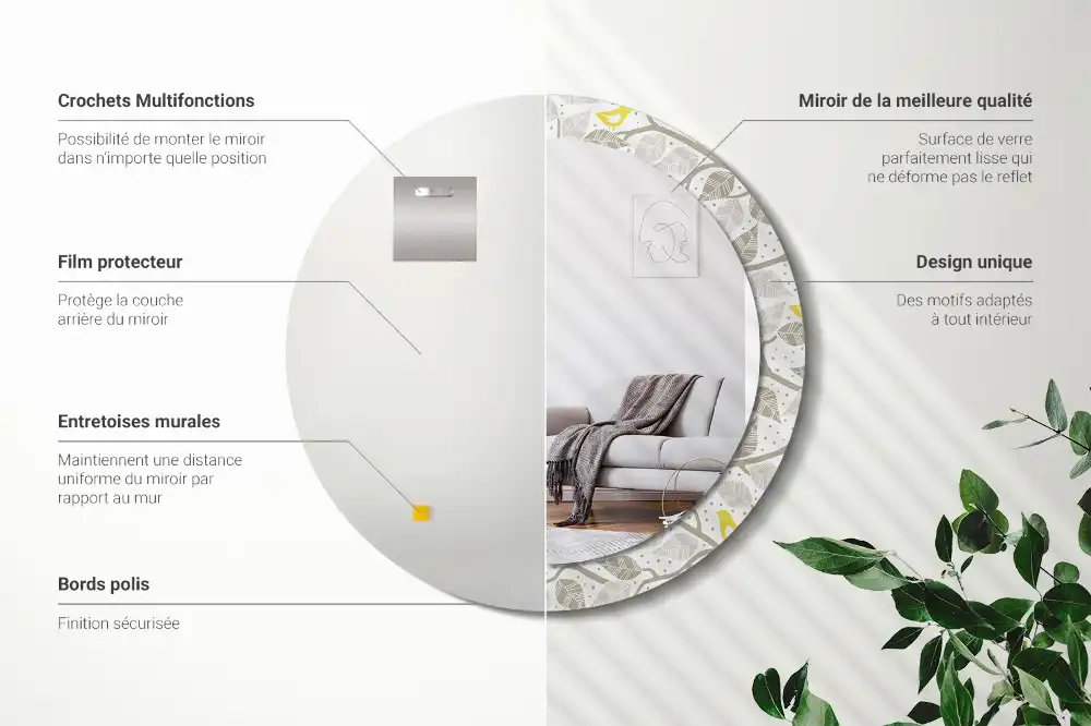 Specchio rotondo con cornice stampata Uccelli gialli sui rami