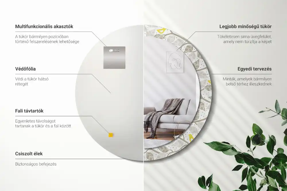 Specchio rotondo con cornice stampata Uccelli gialli sui rami