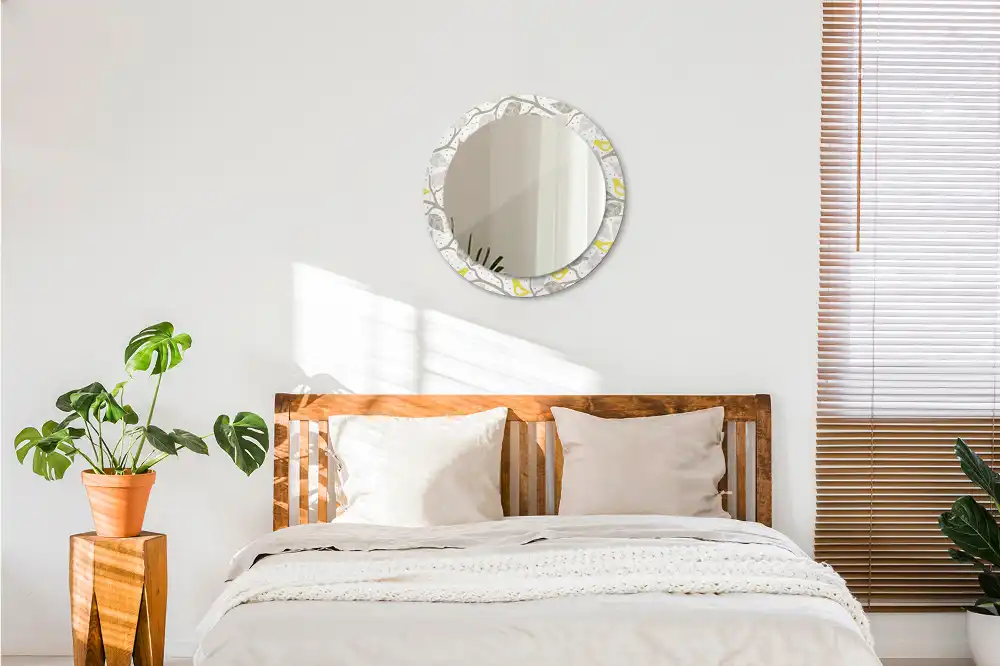 Specchio rotondo con cornice stampata Uccelli gialli sui rami