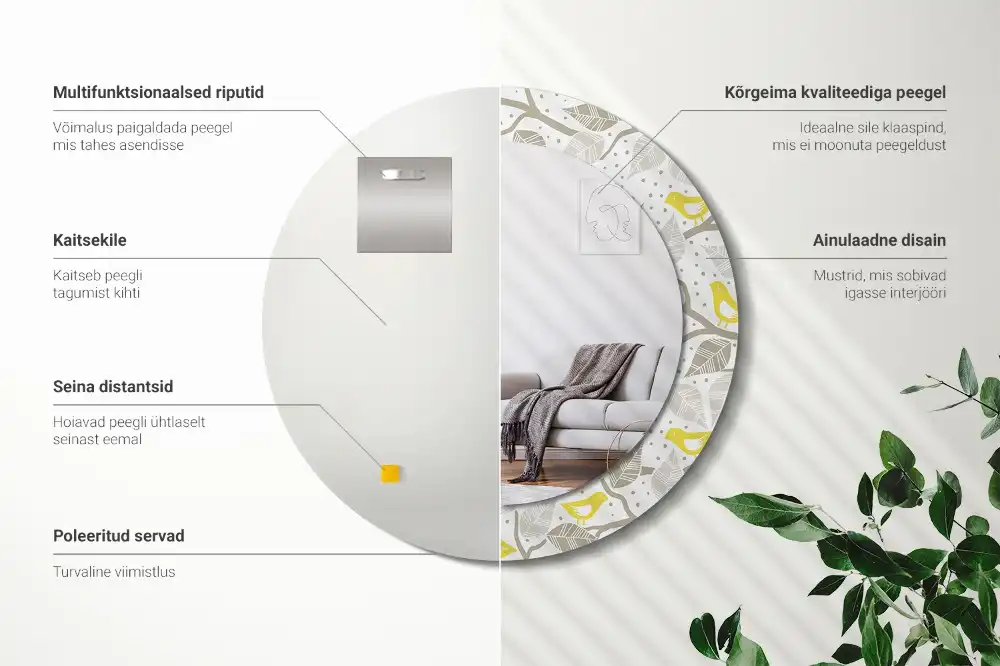 Specchio rotondo con cornice stampata Uccelli gialli sui rami