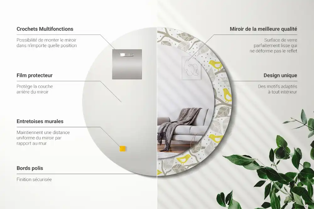 Specchio rotondo con cornice stampata Uccelli gialli sui rami