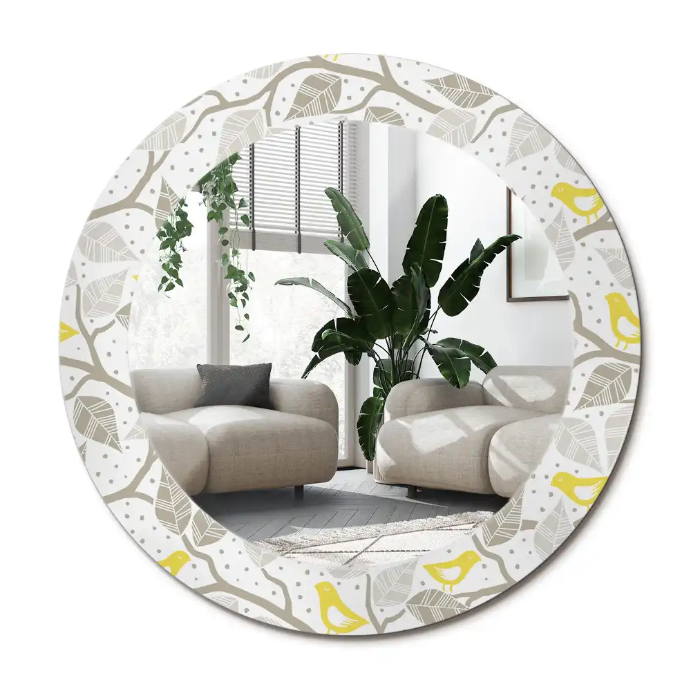 Specchio rotondo con cornice stampata Uccelli gialli sui rami