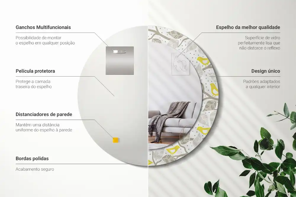 Specchio rotondo con cornice stampata Uccelli gialli sui rami