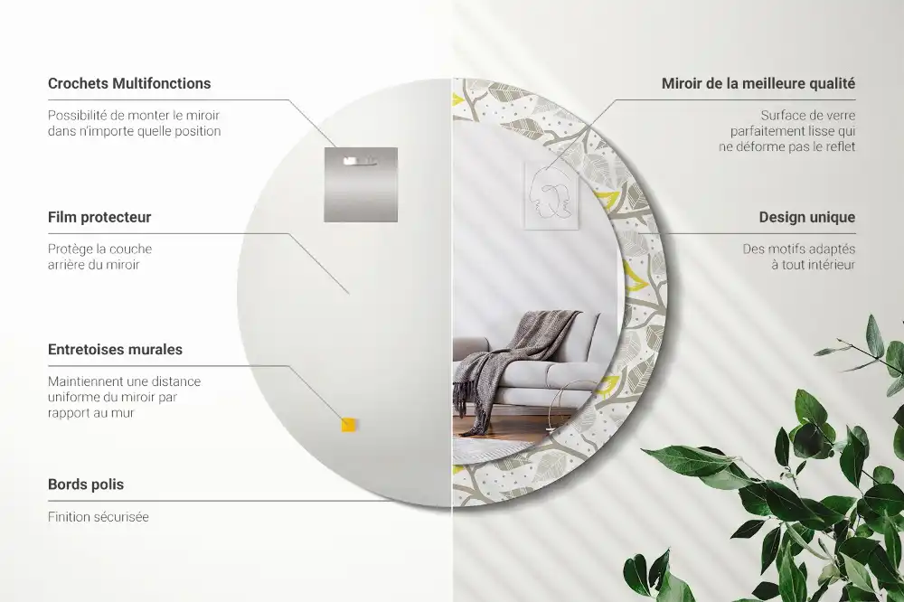 Specchio rotondo con cornice stampata Uccelli gialli sui rami