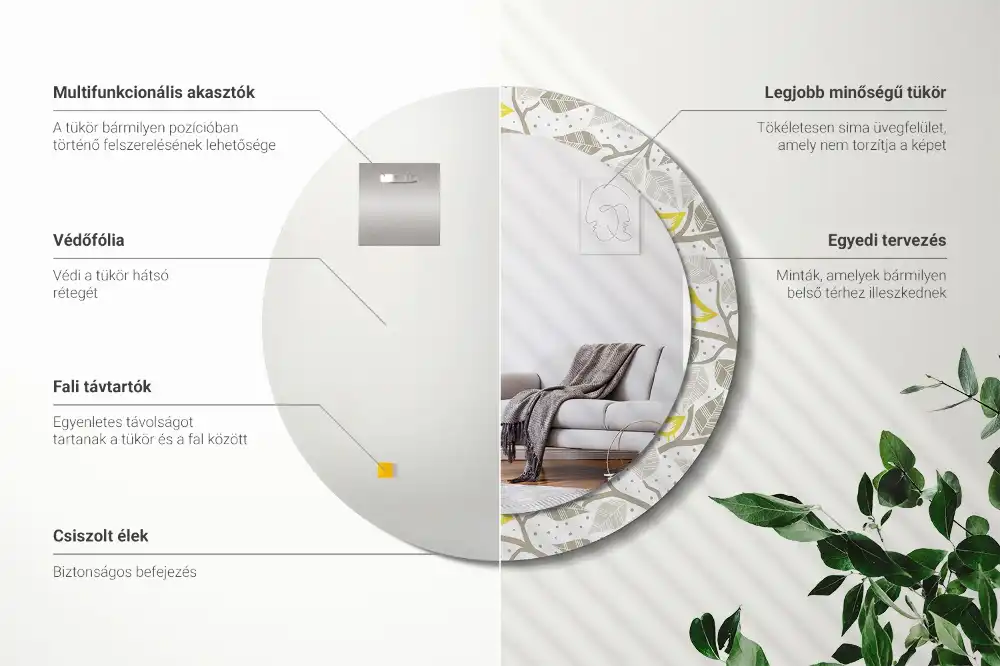 Specchio rotondo con cornice stampata Uccelli gialli sui rami