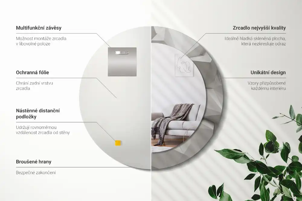 Specchio circolare stampato Cristallo bianco astratto