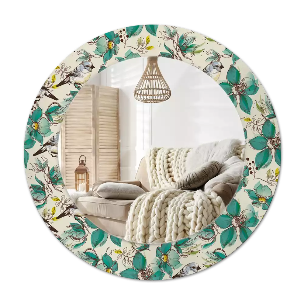 Specchio circolare decoro Fiori e uccelli