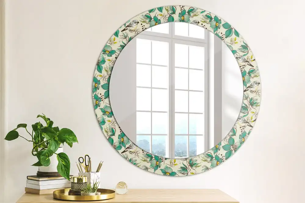 Specchio circolare decoro Fiori e uccelli