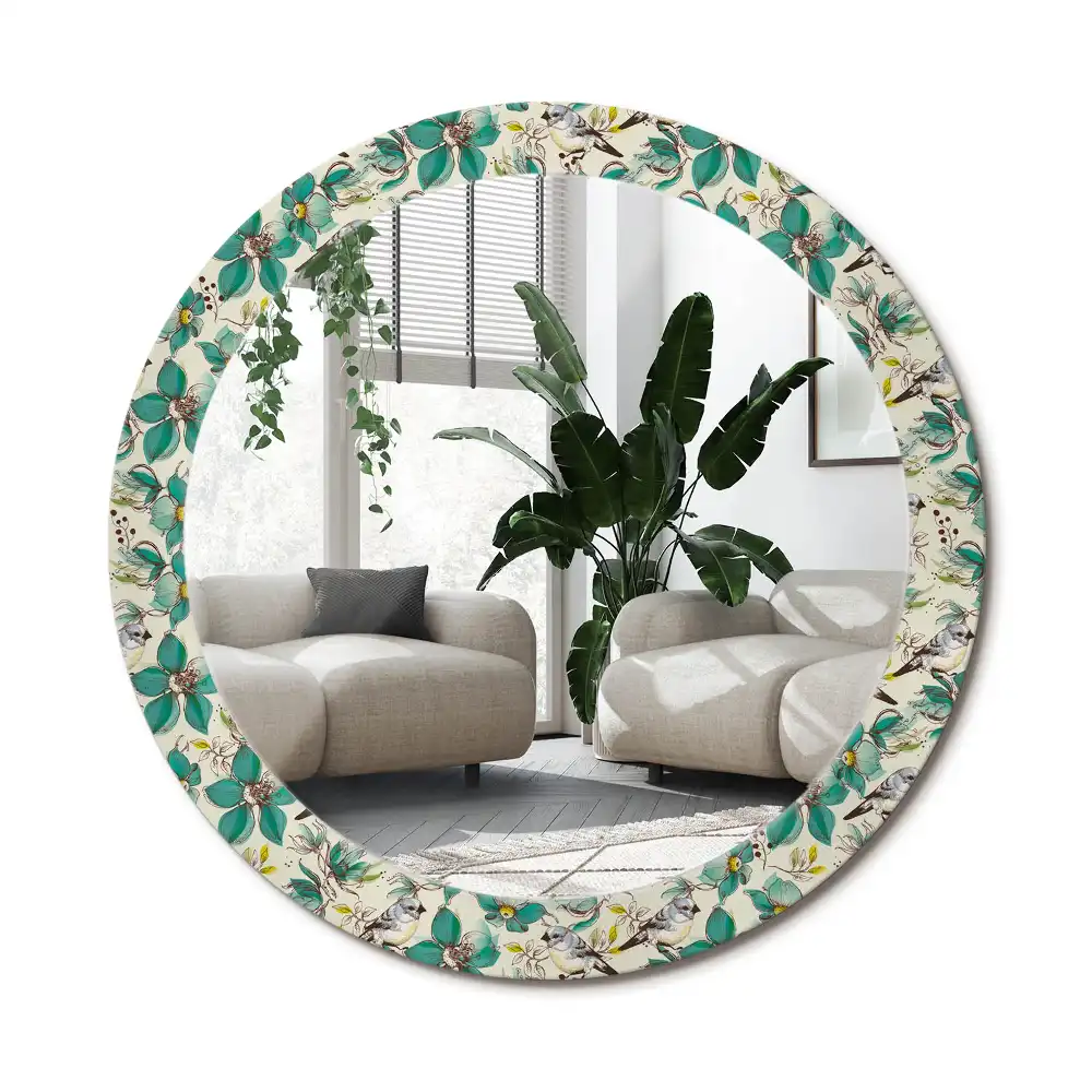 Specchio circolare decoro Fiori e uccelli