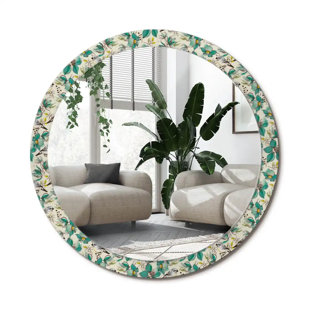 Specchio circolare decoro Fiori e uccelli