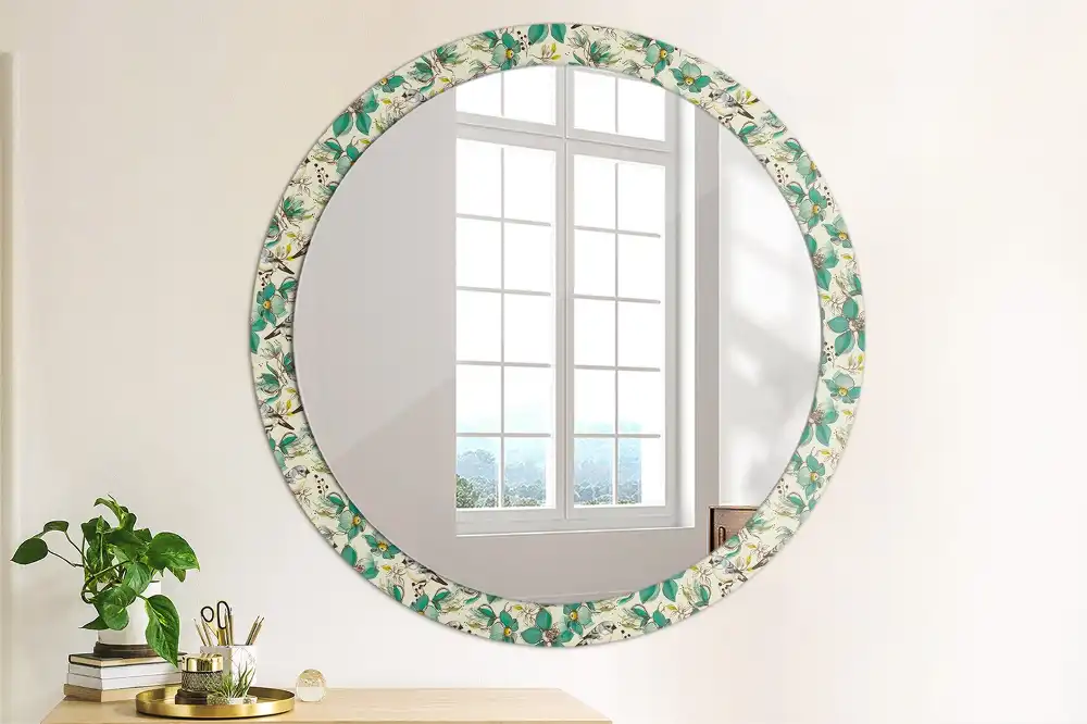 Specchio circolare decoro Fiori e uccelli