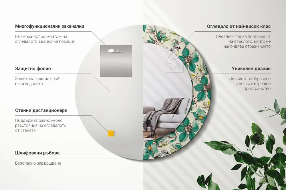 Specchio circolare decoro Fiori e uccelli