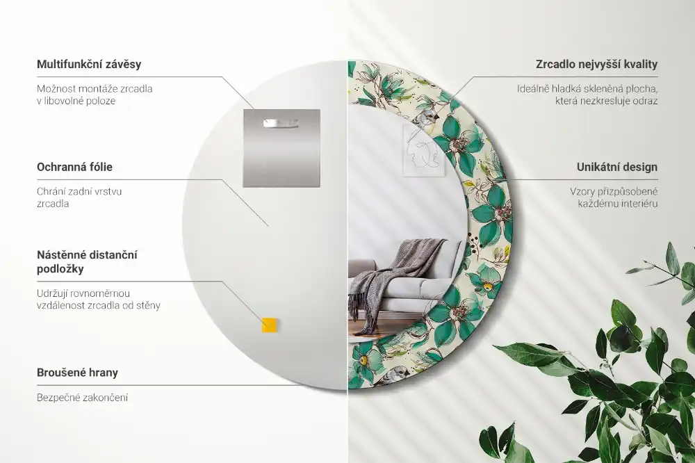 Specchio circolare decoro Fiori e uccelli