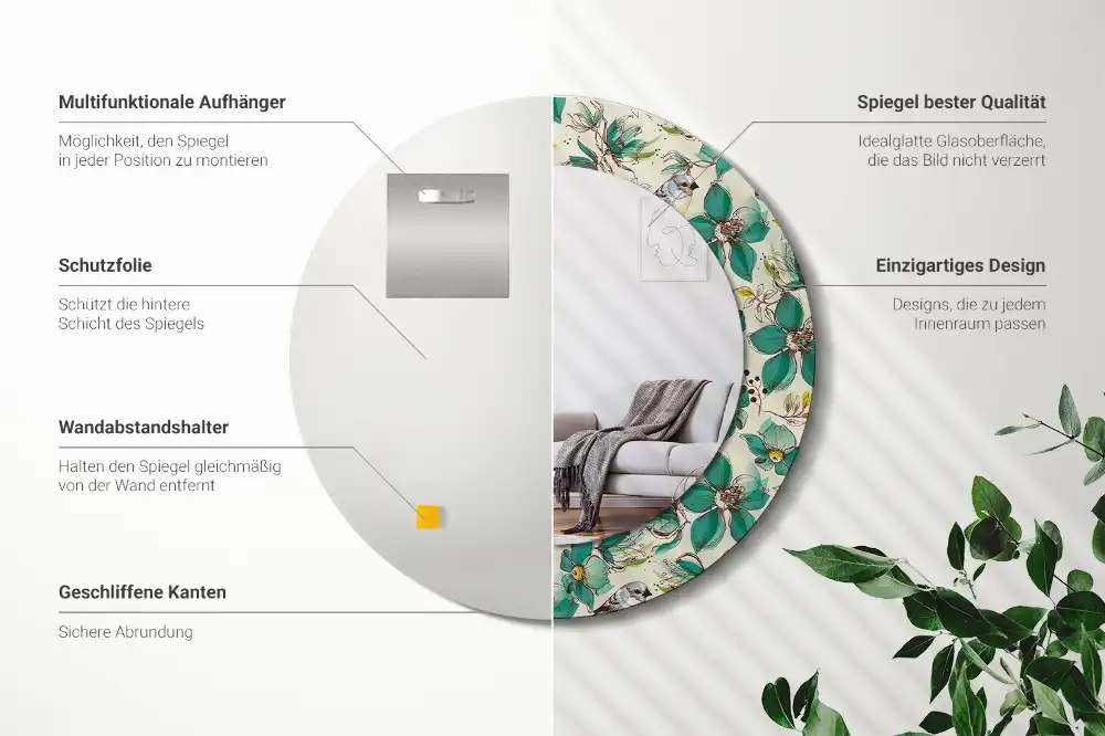 Specchio circolare decoro Fiori e uccelli