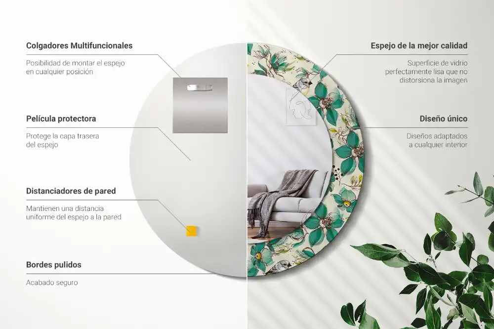 Specchio circolare decoro Fiori e uccelli