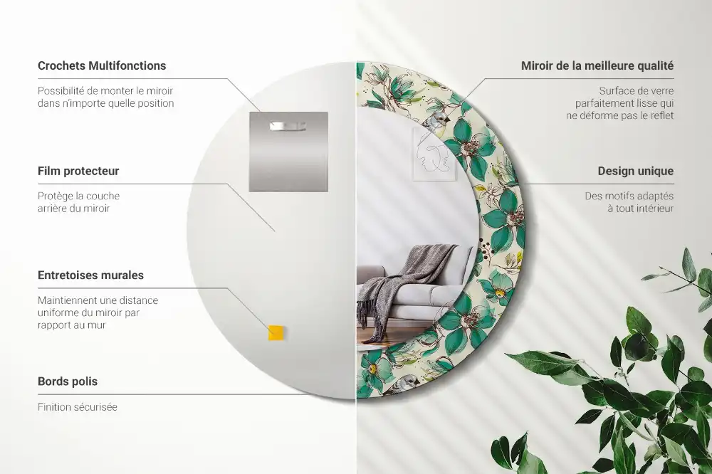 Specchio circolare decoro Fiori e uccelli