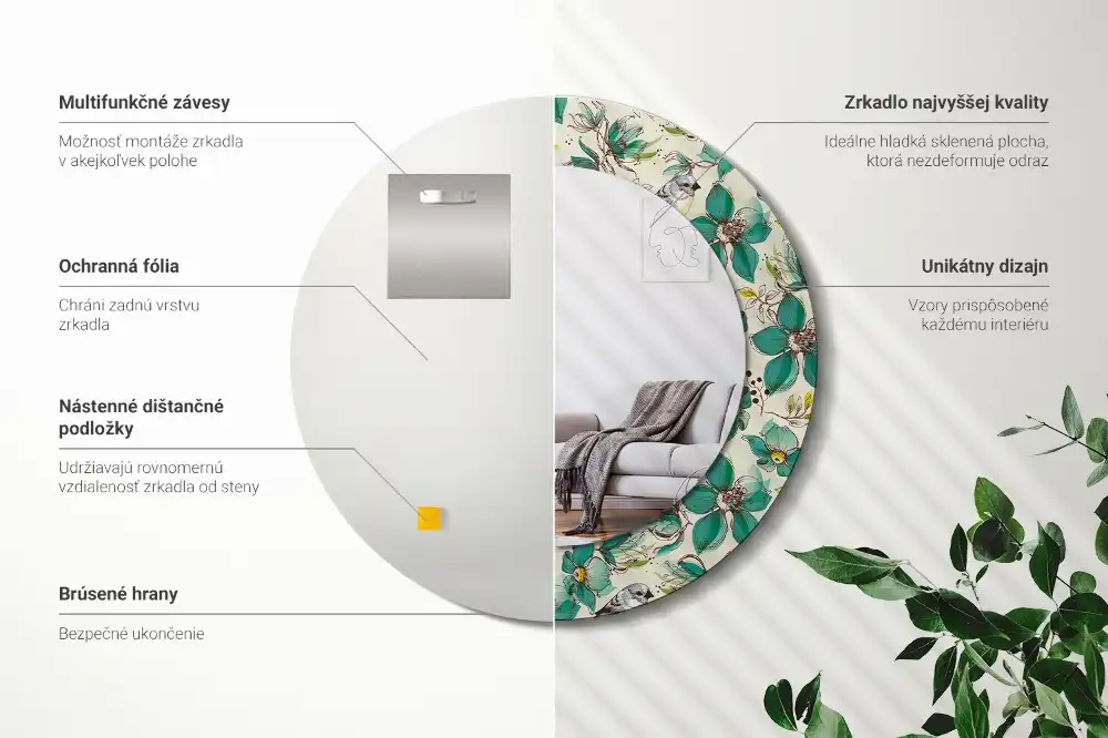 Specchio circolare decoro Fiori e uccelli
